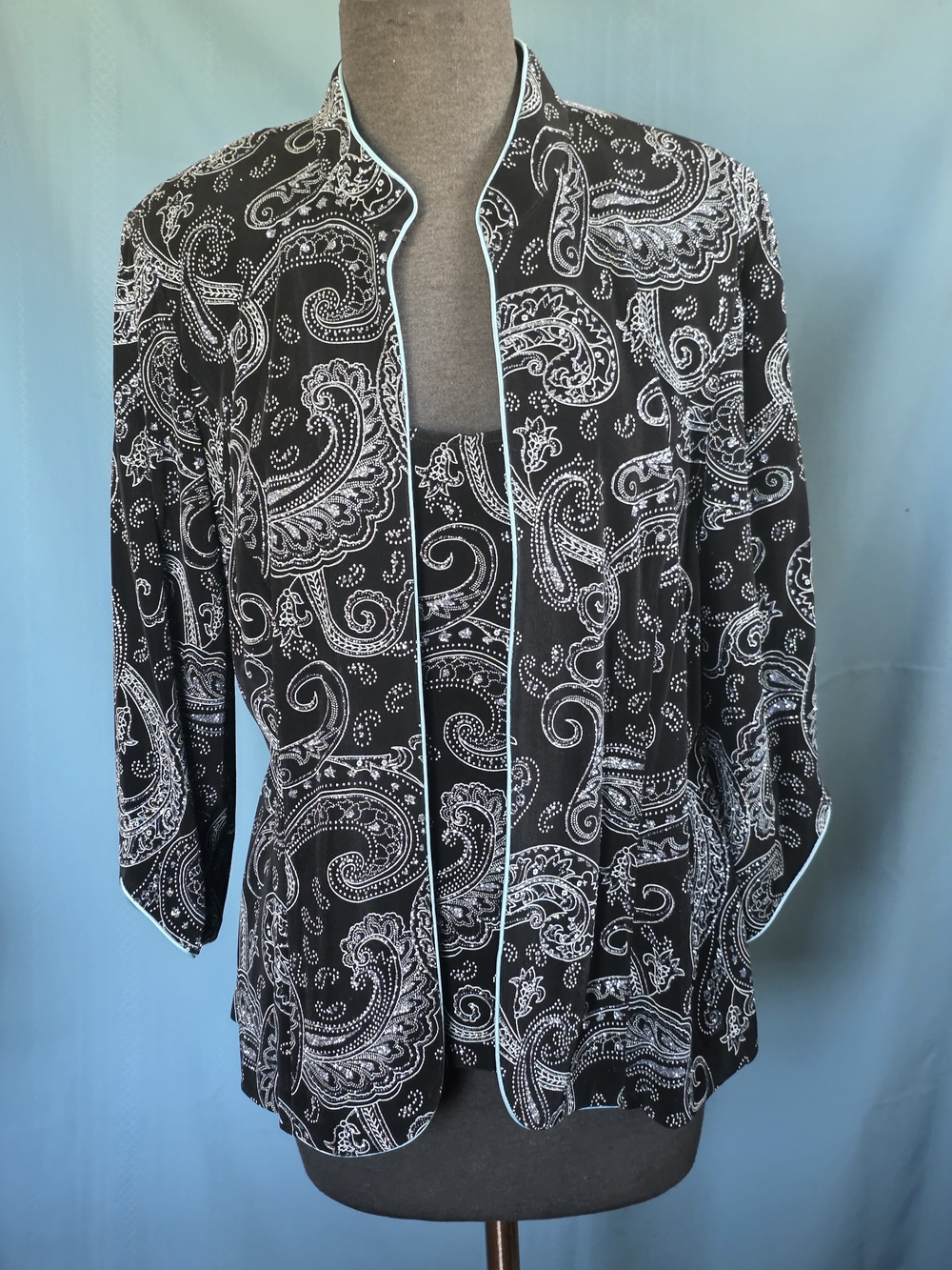 Alex Evenings Glitter Paisley Twin Set Jacket & Tank XL Contrasting Teal Trim